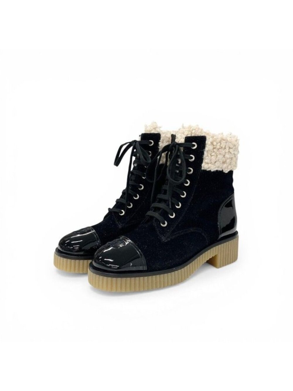 Chanel Boots Short Shoes Fabric Patent Boa Black Beige CC Logo